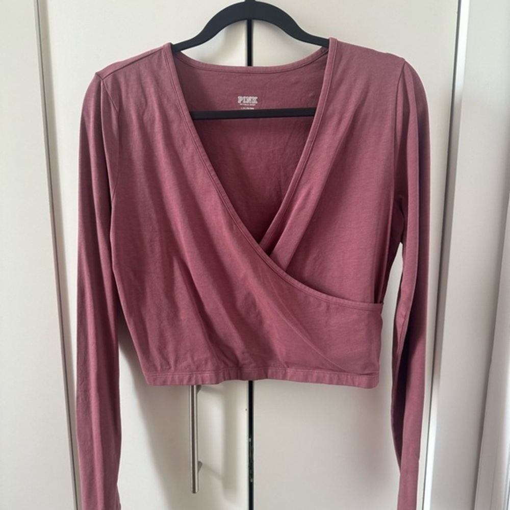 PINK Victoria's Secret Pink Long Sleeve V-Neck Crop Wrap Blouse